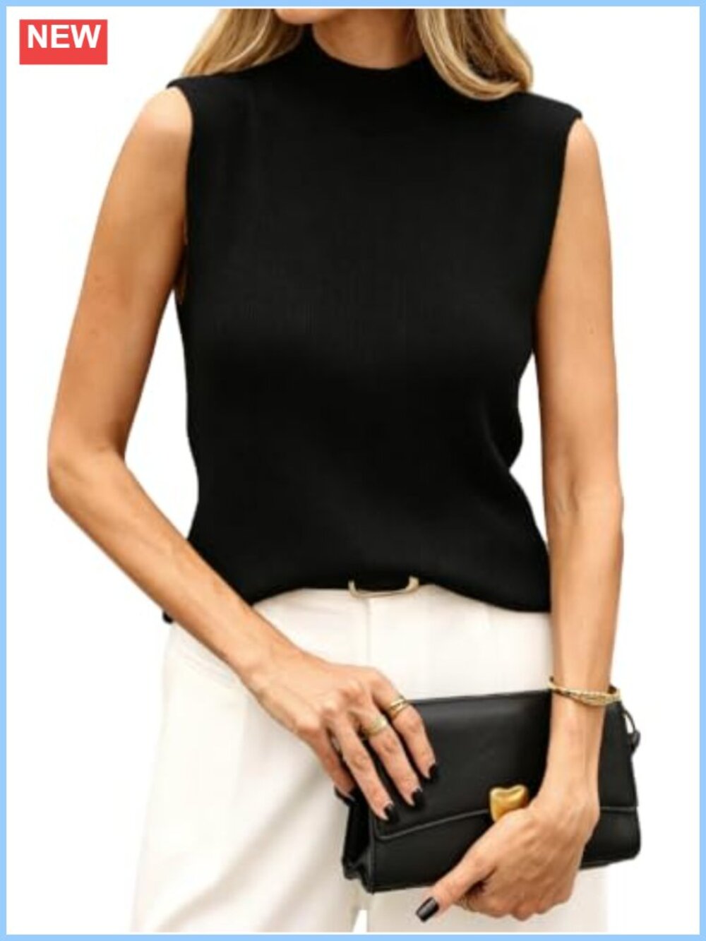 Merino Wool Blend Mock Turtleneck Ribbed Knit Sleeveless Sweater Vest